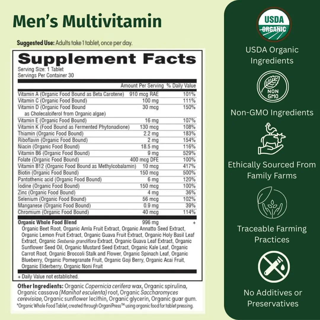 EarthFirst Organic Men’s Multi Once Daily, Whole-Food Multivitamin with 19 Vitamins & Minerals for Energy, Heart, Bone Strength EarthFirst Organic