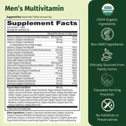 EarthFirst Organic Men’s Multi Once Daily, Whole-Food Multivitamin with 19 Vitamins & Minerals for Energy, Heart, Bone Strength EarthFirst Organic
