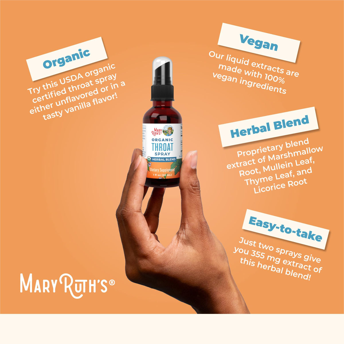 MaryRuth Organics USDA Organic Throat Spray with Mullein Leaf | Marshmallow Root & Licorice Root & Thyme Leaf | 4 Herbal Blend | Non-GMO | Vegan | Gluten Free | 1 Fl Oz | Up to 100 Servings MARYRUTH'SBuy Supplements Australia