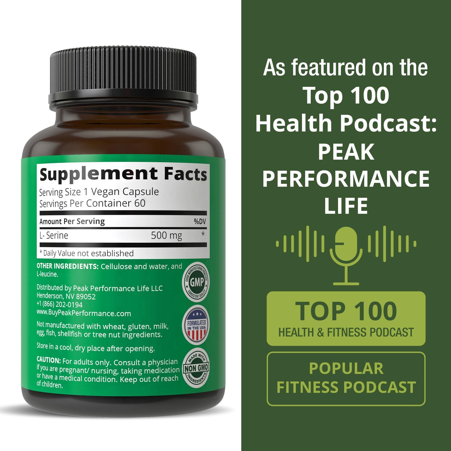 Peak Performance L-Serine Capsules 500mg Best Brain and Nootropic Amino Acids for Production of L-Cystine, L-Tryptophan and Serotonin. USA Grade L Serine Pills. Non-GMO Supplement (60 Servings) Peak PerformanceBuy Supplements Australia