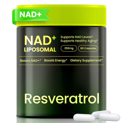 NAD+ liposomal supplement container with green lid and white capsules on a white background
