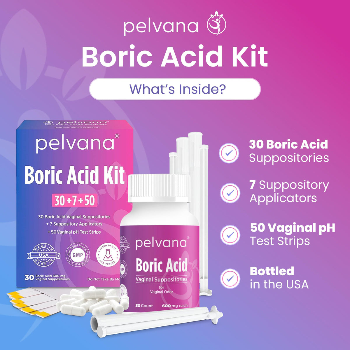 Pelvana Boric Acid Suppositories for Women 30 + 7 Applicators + 50 pH Test Strips, Total of 87 Piece Kit for Vaginal Odor - Third-Party Verified & Bottled in The USA - Feminine Health Odor Solution PelvanaBuy Supplements Australia