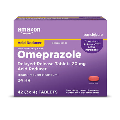 Amazon Basic Care Omeprazole delayed-release tablets packaging on a white background