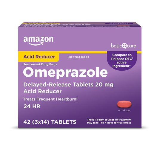 Amazon Basic Care Omeprazole delayed-release tablets packaging on a white background