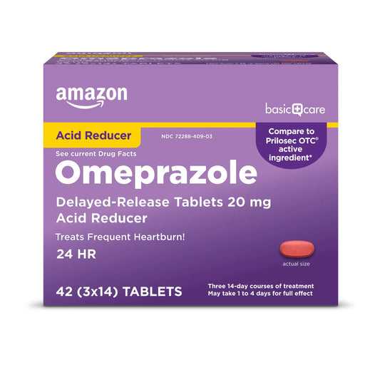 Amazon Basic Care Omeprazole delayed-release tablets packaging on a white background
