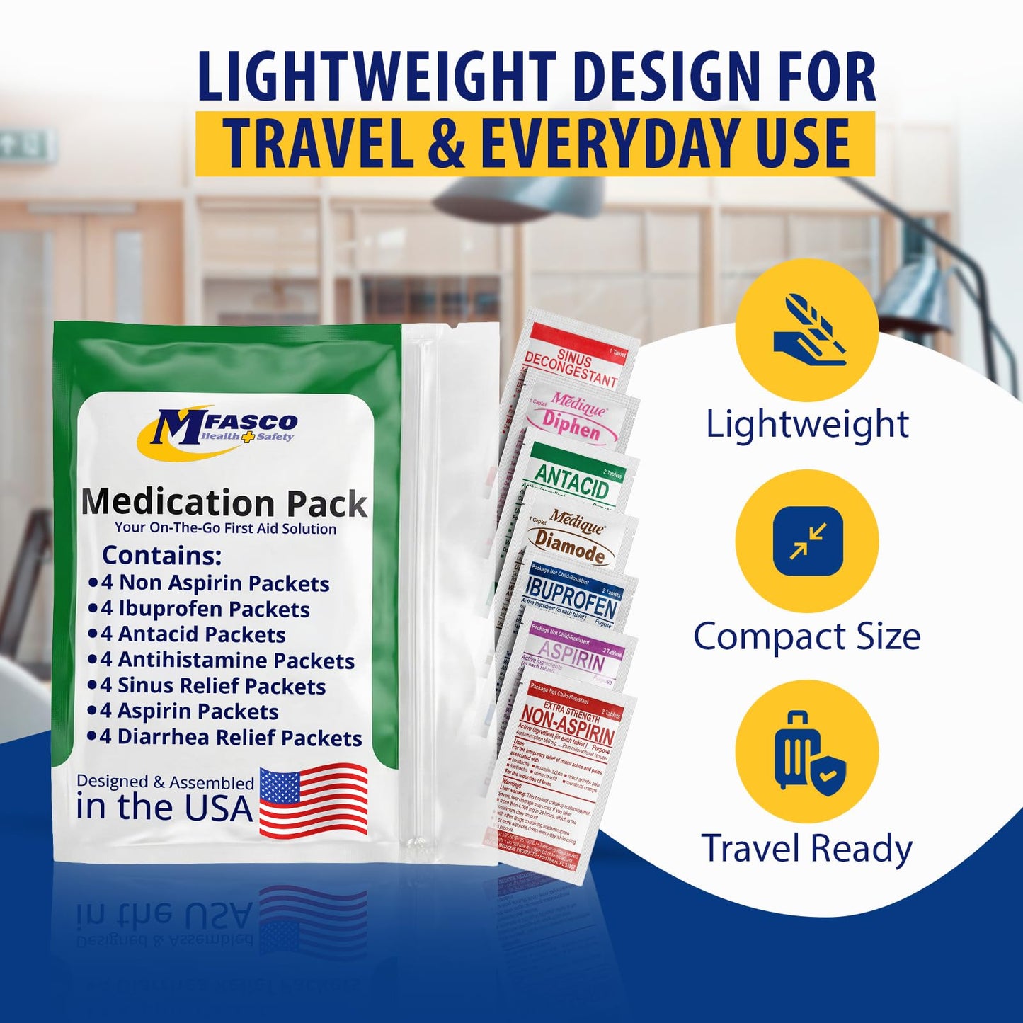 MFASCO - 7 in 1 - Travel Size Medicine Kit - TSA Approved | 28 First Aid Emergency OTC Medicine Packets for Cruise & International Travel | Compact Med Refill for Traveling & Office Assembled in USA MFASCO buy supplements Au