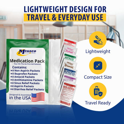 MFASCO - 7 in 1 - Travel Size Medicine Kit - TSA Approved | 28 First Aid Emergency OTC Medicine Packets for Cruise & International Travel | Compact Med Refill for Traveling & Office Assembled in USA MFASCO buy supplements Au