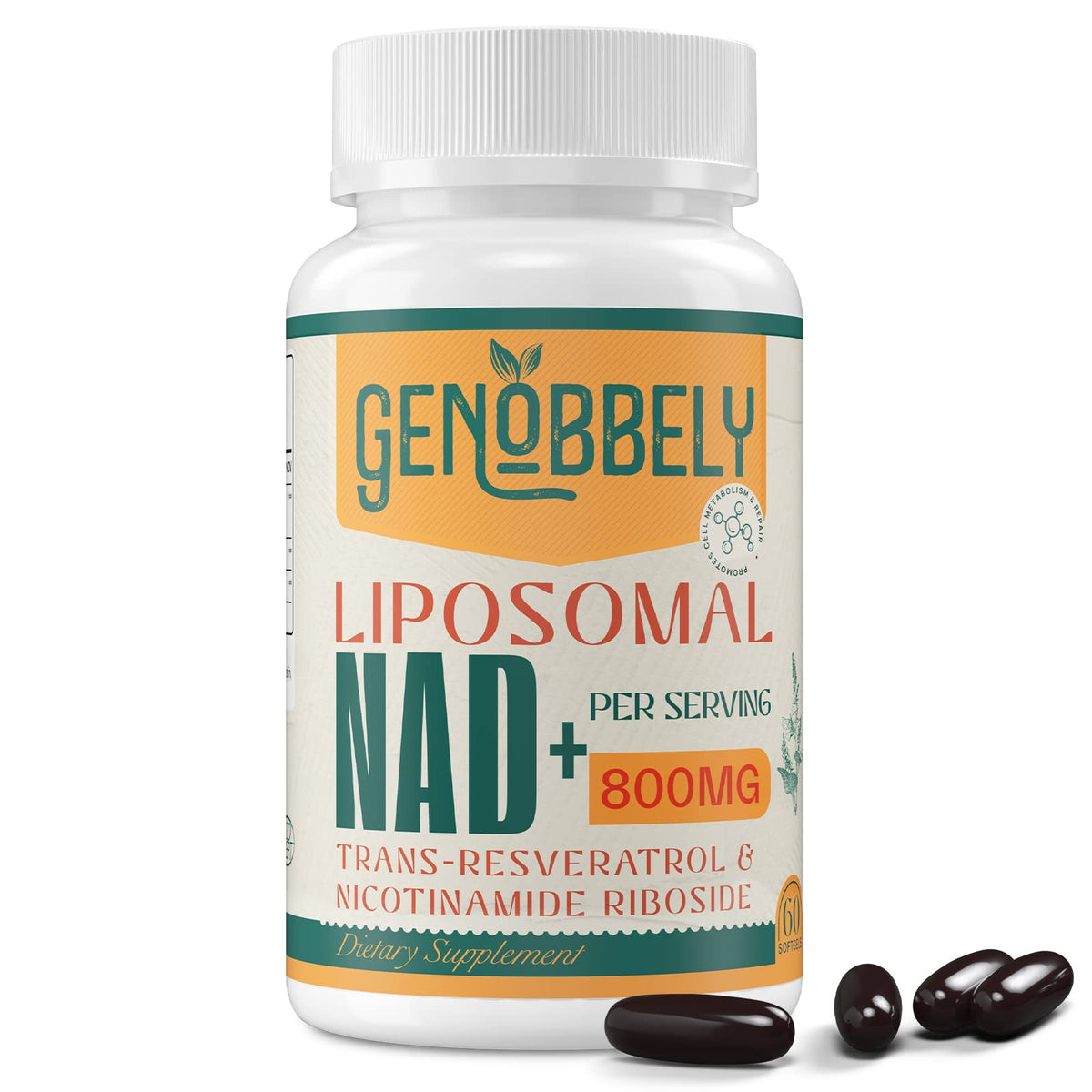 GENOBBELY 800 mg Liposomal NAD+ Supplement with Nicotinamide Riboside 200 mg, Trans-Resveratrol 100 mg - True NAD Supplement for DNA Repair, Healthy Aging, Brain Function - 60-Day Supply GENOBBELYBuy Supplements Australia