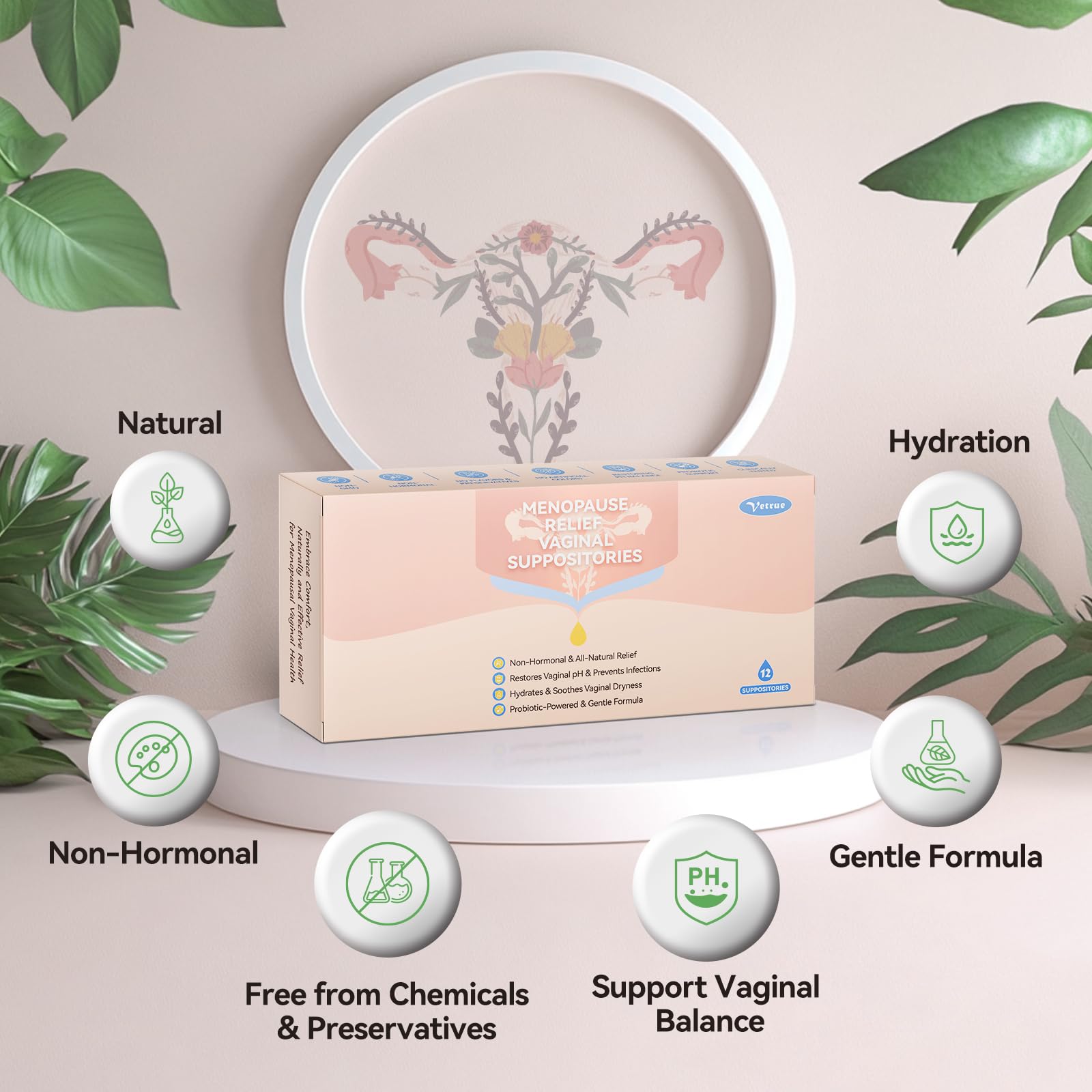Vetrue Menopause Relief Vaginal Suppositories, Non-Hormonal, All-Natural Formula with Boric Acid, Hyaluronic Acid, Probiotics, Coconut Oil & Vitamin E, Soothes Vaginal Dryness & Discomfort(12 Inserts) vetrueBuy Supplements Australia