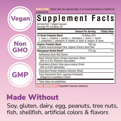 Vitalibre Menopause Probiotics for Women 70 Billion CFU, 12 Targeted Strains, Organic Prebiotics, Black Cohosh Resveratrol Red Clover Chasteberry Dong Quai, Hot Flash Night Sweat+, No Estrogen, 30 Ct VitalibreBuy Supplements Australia