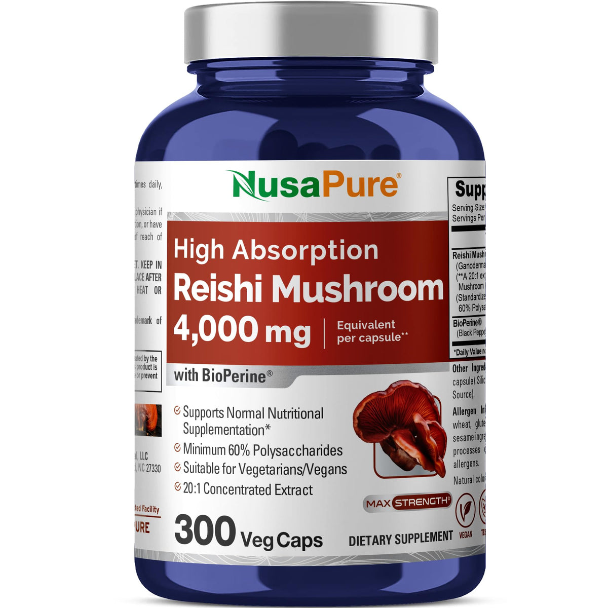 NusaPure Reishi Mushroom Extract 20:1 Extract, 200 mg Equivalent to 4000mg per Capsule 300 Veggie Caps Vegan, Non-GMO, Vegan NusaPureBuy Supplements Australia