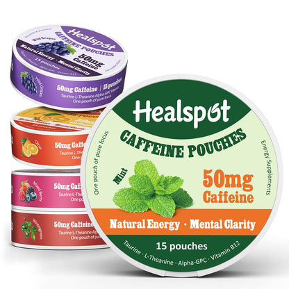 Healspot Nootropic Caffeine Pouches, Energy Pouches with 50mg Caffeine | Taurine | Vitamin B12 | Alpha-GPC | L-Theanine, Focus and Energy Supplements Variety Packs 5 Flavors HealspotBuy Supplements Australia