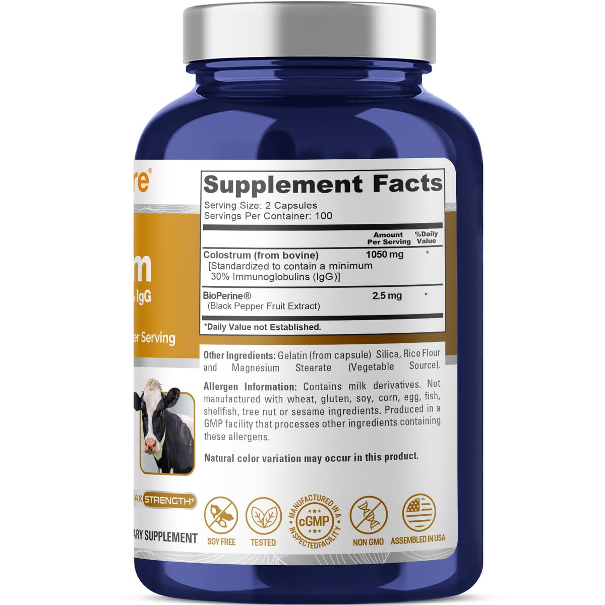 NusaPure Colostrum 1050mg 30% IgG 200 capsules (Non-GMO, Soyfree) Bioperine NusaPureBuy Supplements Australia