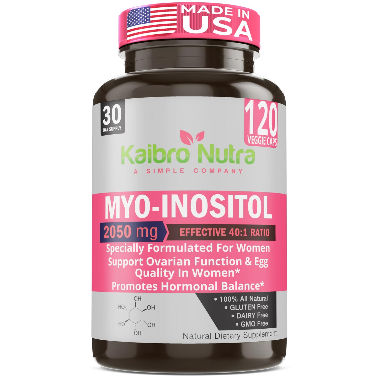 Kaibro Nutra Myo-Inositol Supplement, Myo-Inositol & D-Chiro Inositol 40:1 Ratio, Hormone Balance & Ovarian Support for Women with Vitamin B8, 2050mg, Vegan, Non-GMO Capsules 120 Count Kaibro NutraBuy Supplements Australia