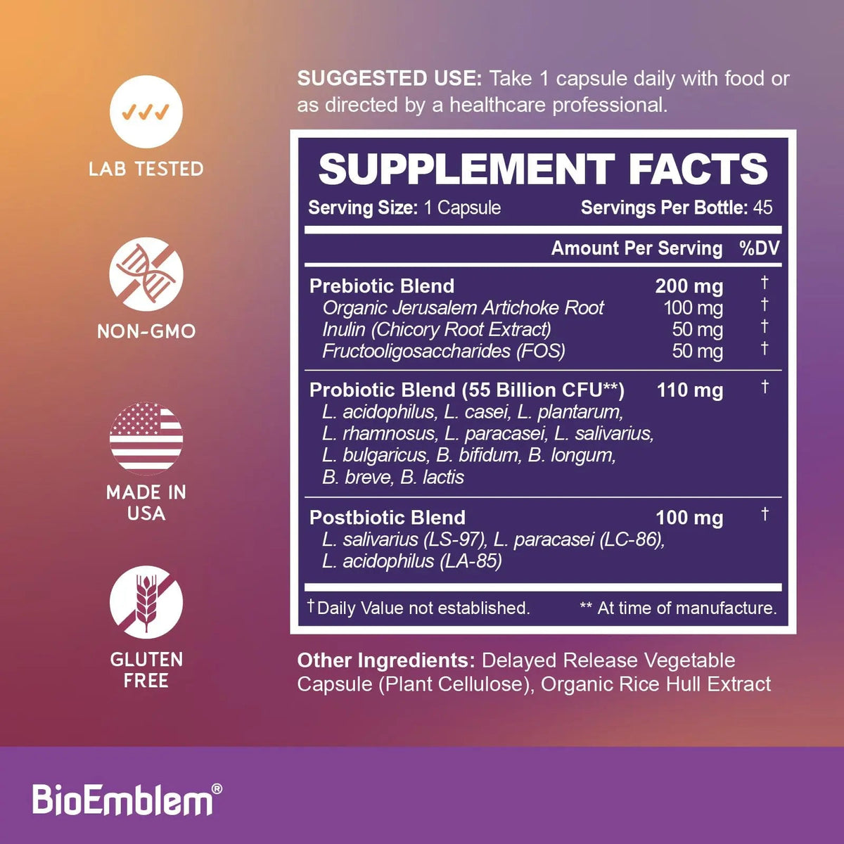 BioEmblem Probiotics for Women & Men – 55 Billion CFU | 11 Strains with Prebiotics & Postbiotics | Jerusalem Artichoke & Inulin | Digestive & Immune Support, Nutrient Absorption | Non-GMO,45 Capsules BioEmblemBuy Supplements Australia