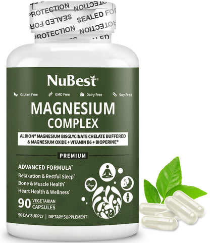 Magnesium Glycinate Chelate Complex with Albion Magnesium Bisglycinate Chelate, Vitamin B6 & BioPerine for Bone, Muscle, Natural Sleep,