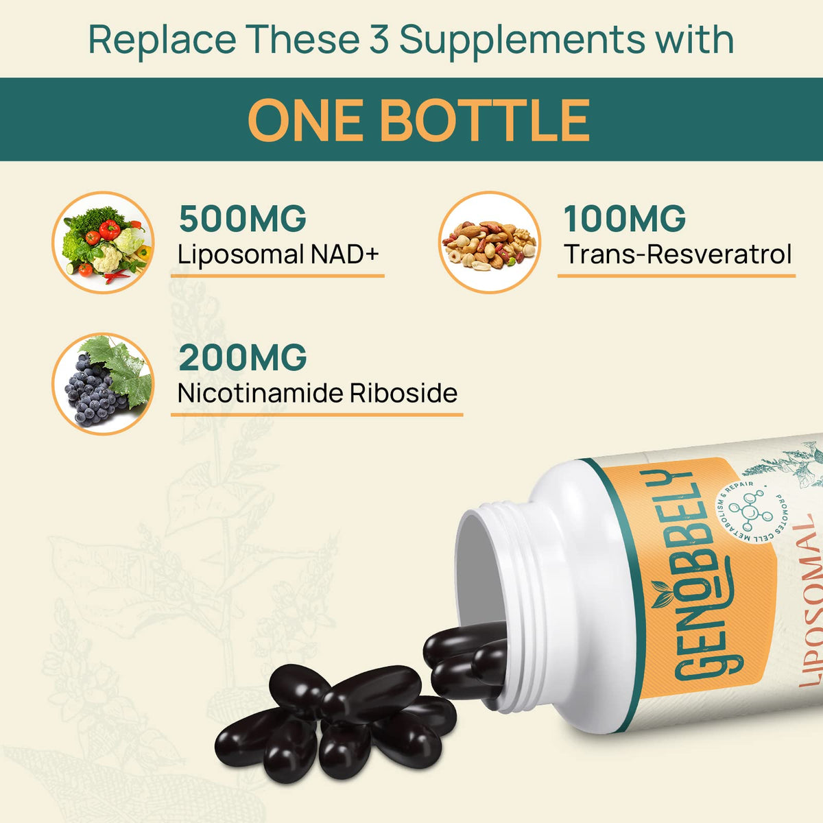GENOBBELY 800 mg Liposomal NAD+ Supplement with Nicotinamide Riboside 200 mg, Trans-Resveratrol 100 mg - True NAD Supplement for DNA Repair, Healthy Aging, Brain Function - 60-Day Supply GENOBBELYBuy Supplements Australia