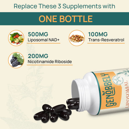 GENOBBELY 800 mg Liposomal NAD+ Supplement with Nicotinamide Riboside 200 mg, Trans-Resveratrol 100 mg - True NAD Supplement for DNA Repair, Healthy Aging, Brain Function - 60-Day Supply GENOBBELYBuy Supplements Australia