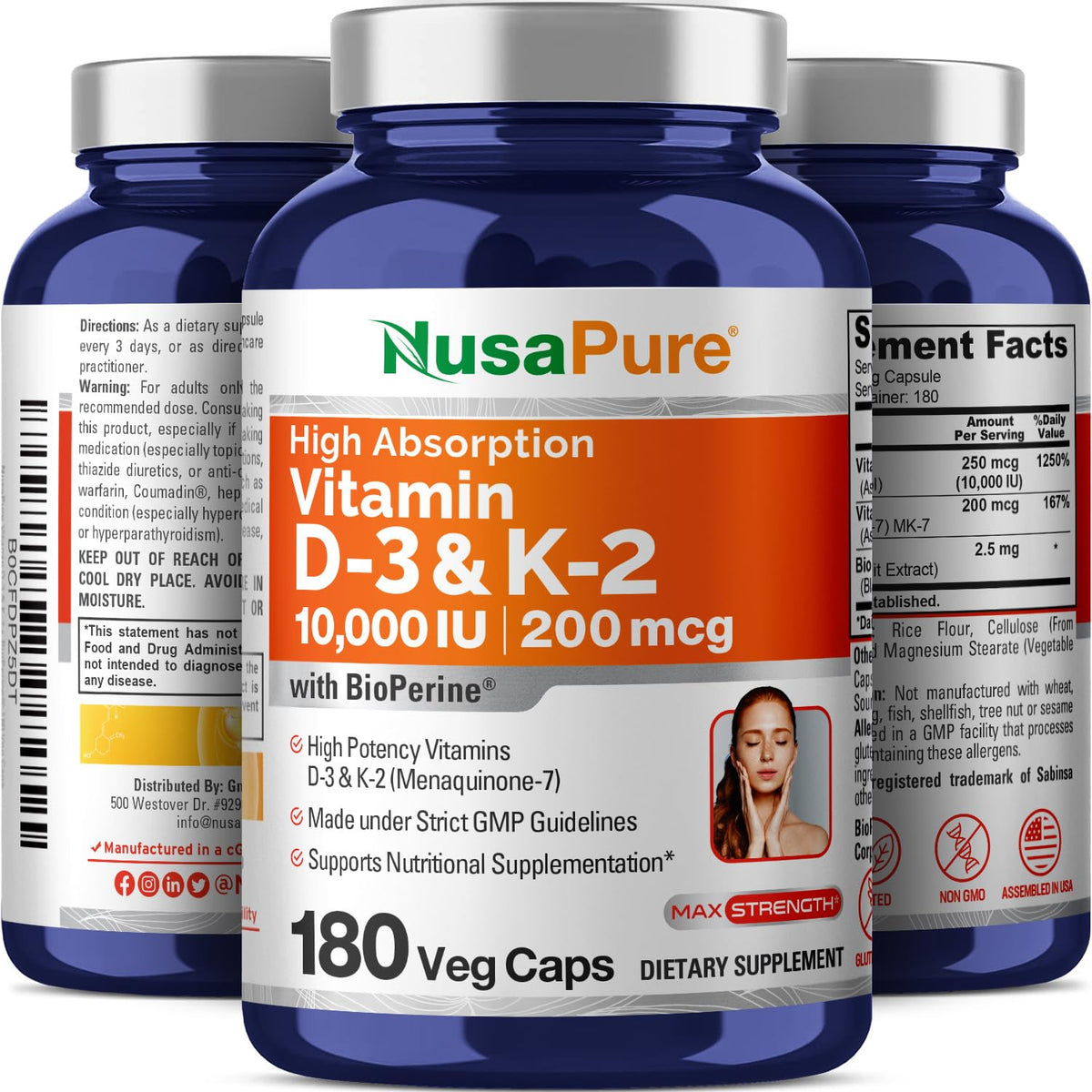 NusaPure Vitamin K2 (MK7) (200mcg) + Vitamin D3 (10000 IU) 180 Veg Caps - Bioperine, Soyfree, Non-GMO NusaPureBuy Supplements Australia