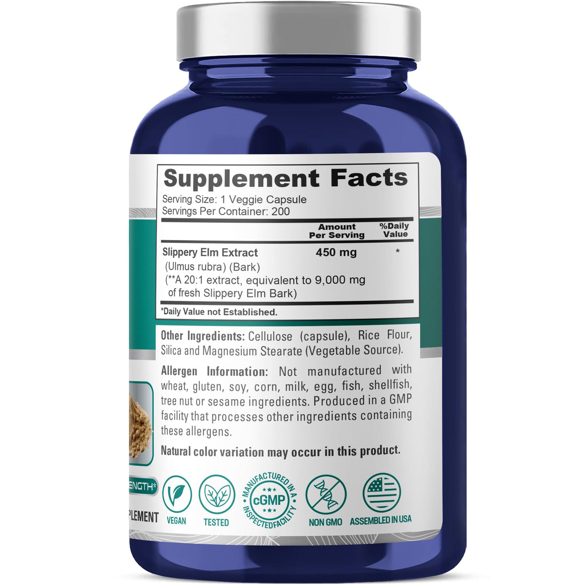 NusaPure Slippery Elm Bark 20:1 Extract, 450 mg Equivalent to 9,000mg 200 Veggie Capsules (Non-GMO, Vegan) NusaPureBuy Supplements Australia