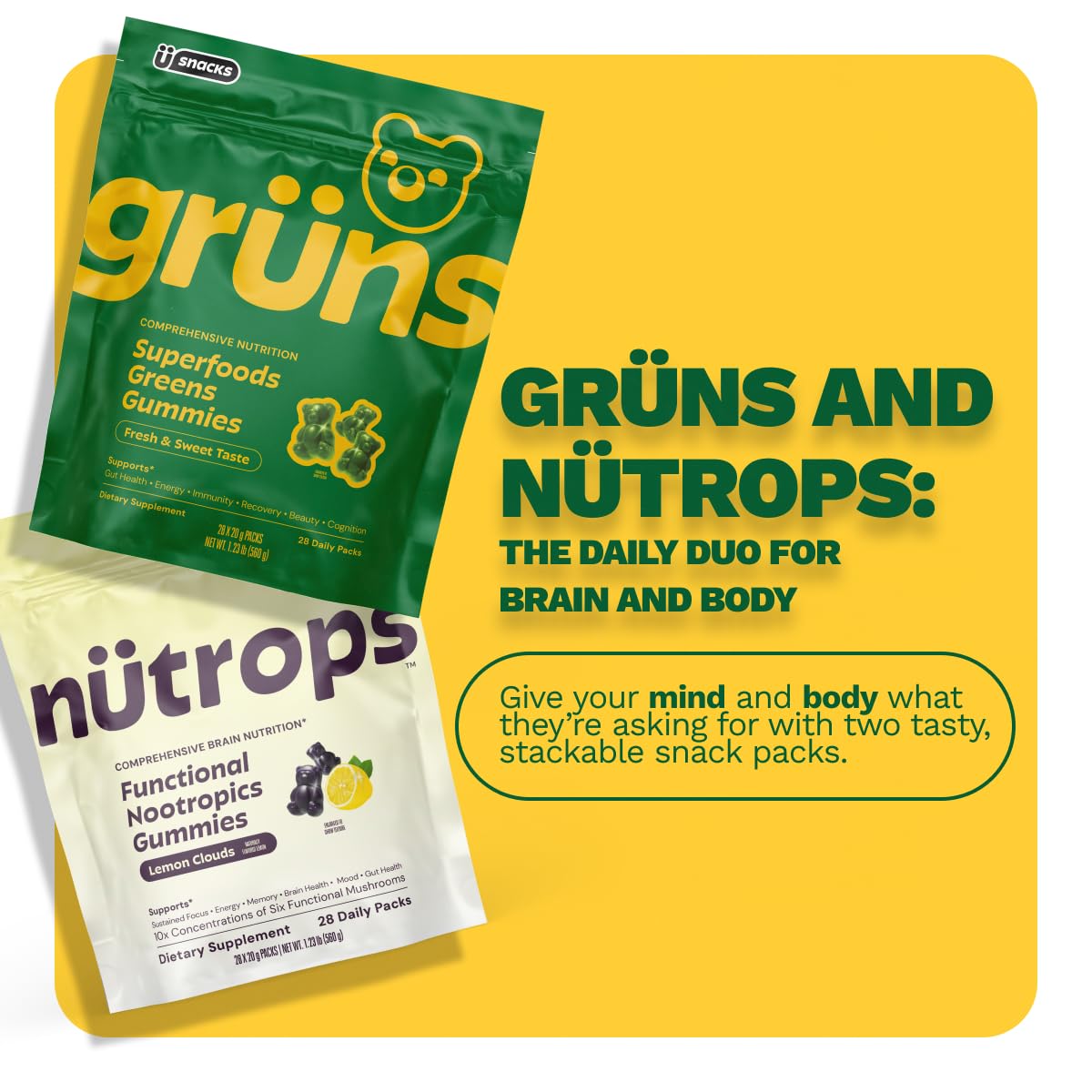 Nutrops Lions Mane Mushroom Gummies for adults, Functional Nootropics, Herbal Brain Supplement for Energy, Brain Health, Cognitive, Memory & Focus, Reishi, Chaga, Cordyceps, Coriolus, 28 daily Packs GrünsBuy Supplements Australia