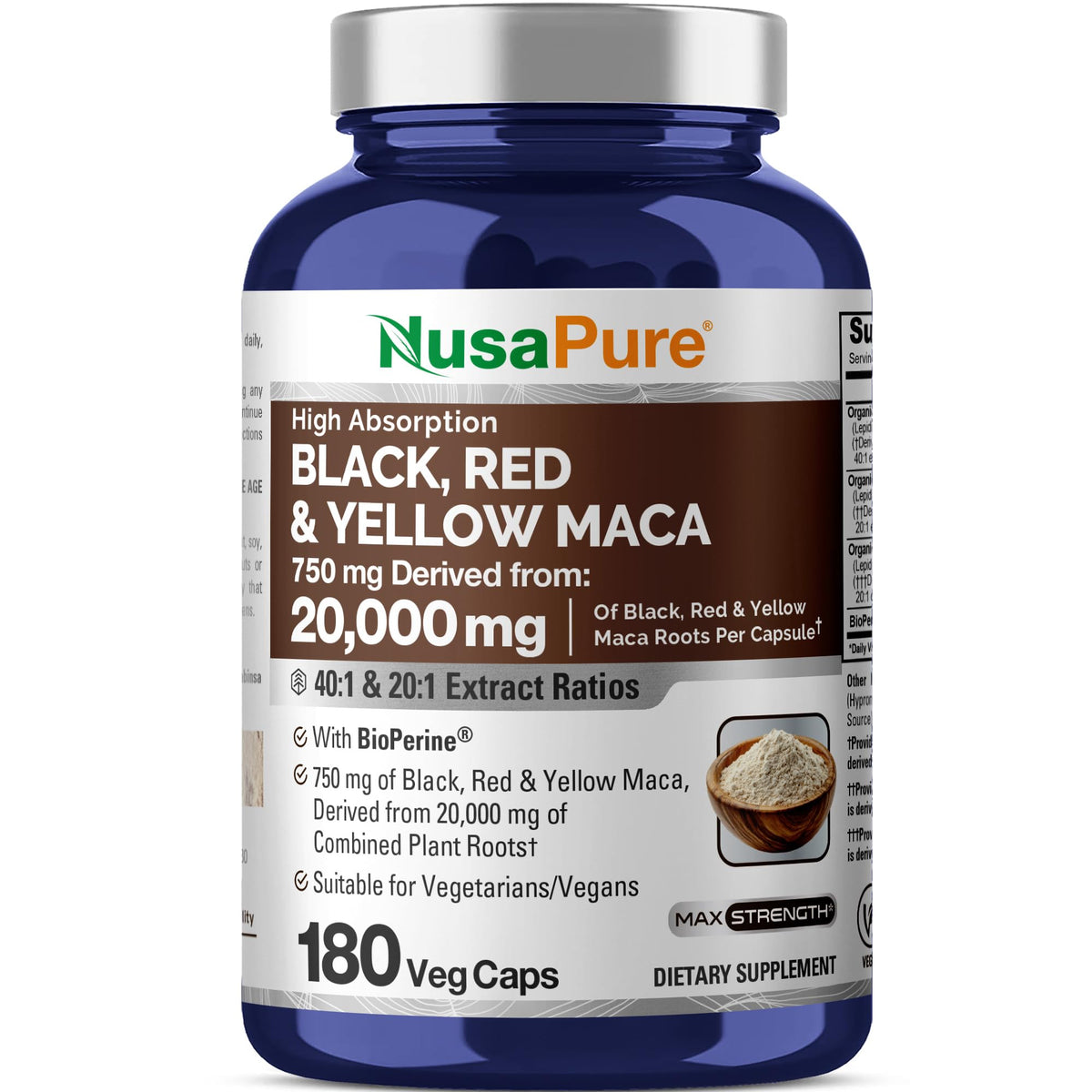 NusaPure Maca Root Black, Red, Yellow 20,000mg - 180 Vegan Capsules (Vegan,Non-GMO, Gluten Free) Bioperine NusaPureBuy Supplements Australia