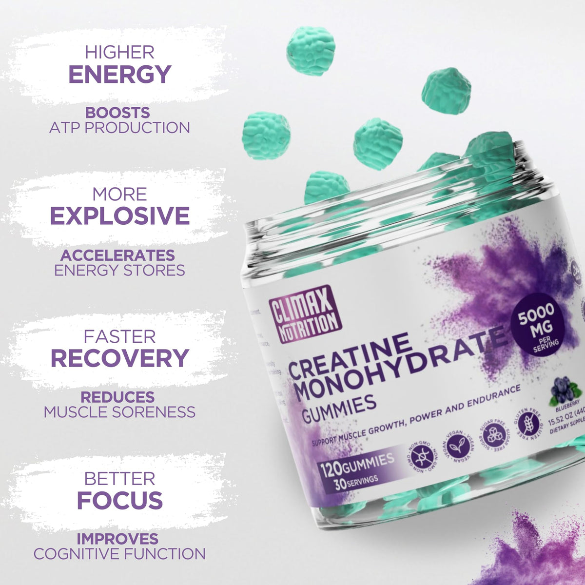 Creatine Monohydrate Gummies - Vegan, Sugar-Free, Gluten-Free - Boosts Muscle Recovery, Strength & Lean Muscle Growth - Brain Health Support - for Men & Women - Blueberry Flavor - 120 Gummies CLIMAX NUTRITIONBuy Supplements Australia
