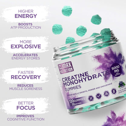 Creatine Monohydrate Gummies - Vegan, Sugar-Free, Gluten-Free - Boosts Muscle Recovery, Strength & Lean Muscle Growth - Brain Health Support - for Men & Women - Blueberry Flavor - 120 Gummies CLIMAX NUTRITIONBuy Supplements Australia