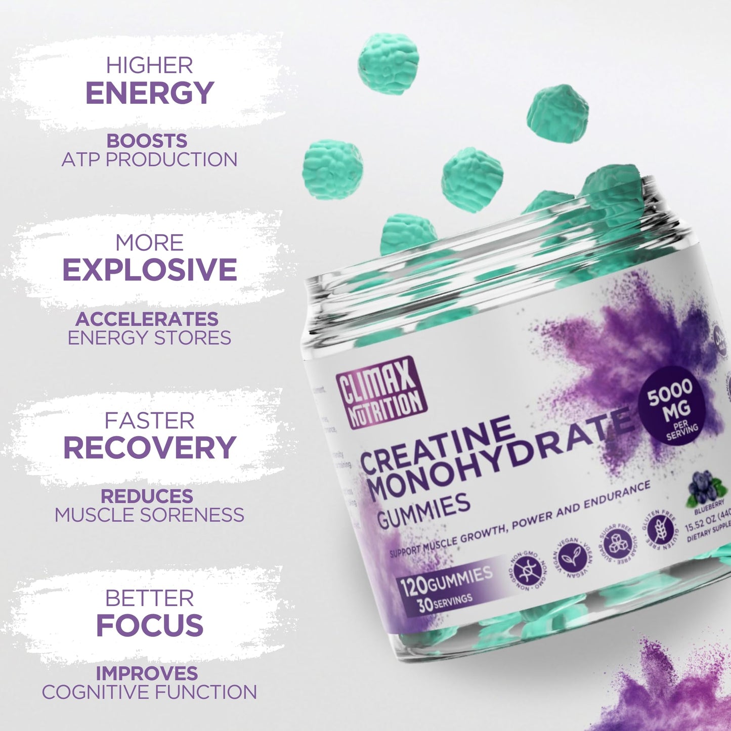Creatine Monohydrate Gummies - Vegan, Sugar-Free, Gluten-Free - Boosts Muscle Recovery, Strength & Lean Muscle Growth - Brain Health Support - for Men & Women - Blueberry Flavor - 120 Gummies CLIMAX NUTRITIONBuy Supplements Australia