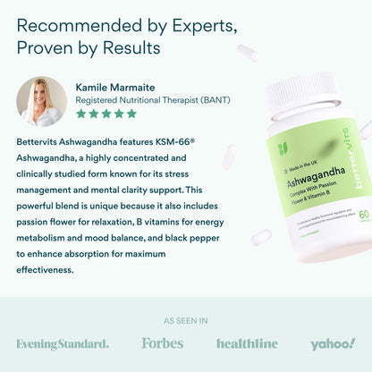 Bettervits Ashwagandha Complex with Passion Flower and Vitamin B – KSM-66® Organic Root Extract 800 mg – Supports Calm, Energy and Emotional Balance – 60 Capsules BettervitsBuy Supplements Australia