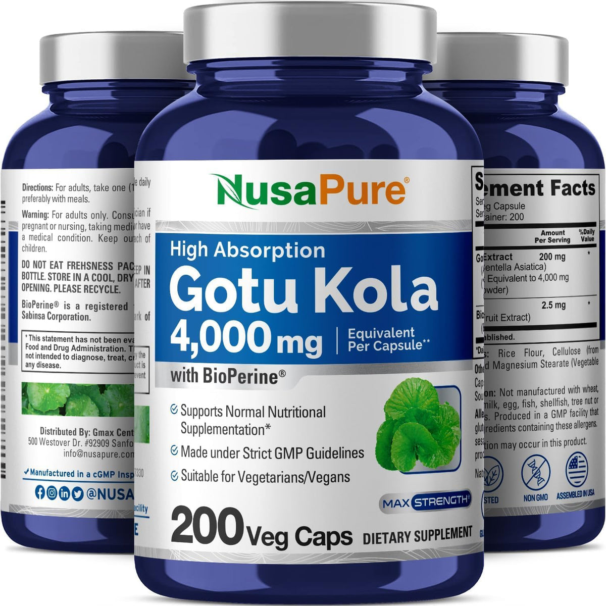 NusaPure Gotu Kola Capsules 20:1 Extract, 200 mg Equivalent to 4000mg Per Veggie Caps, 200 Count, Non-GMO, Vegan, Bioperine - Traditional Herb Extract NusaPureBuy Supplements Australia
