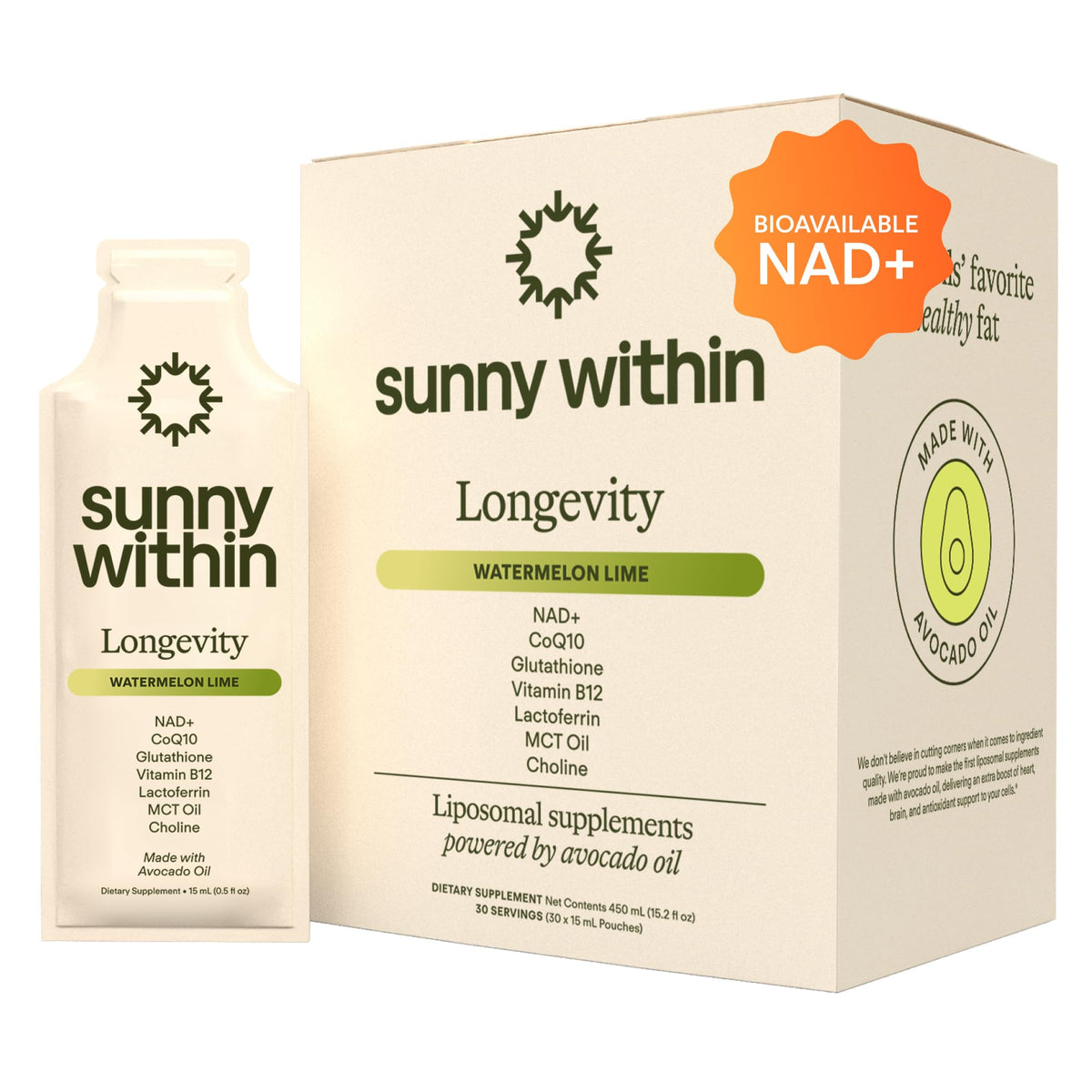Sunny Within Longevity supplement packaging with a bottle and box on a white background