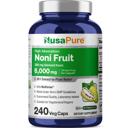 NusaPure Noni Fruit 20:1 Extract, 300 mg Equivalent to 6,000 mg 240 Capsules Suitable for Vegetarian/Vegan, Non-GMO NusaPureBuy Supplements Australia