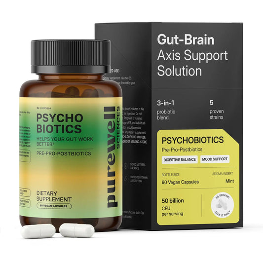 PUREWELL SCIENCES Psychobiotics – Advanced 3-in-1 Probiotic Prebiotic Postbiotic Supplement for Gut and Mood Support - 60 Vegan Probiotic Capsules – 50 Billion CFU – 1-Month Supply PUREWELL SCIENCESBuy Supplements Australia