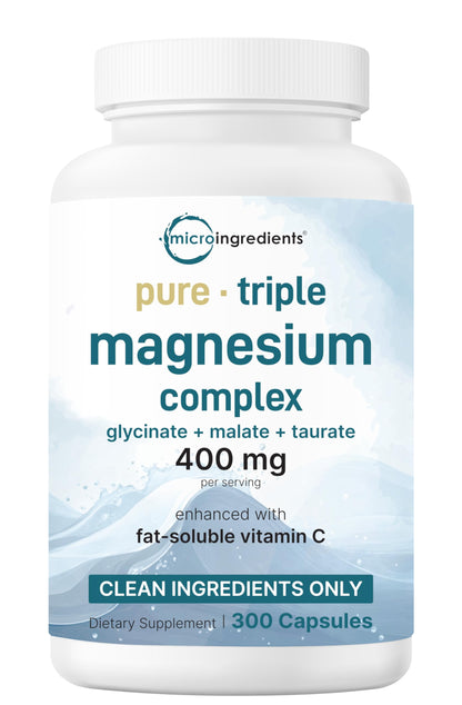 Micro Ingredients Pure Magnesium Complex, 300 Capsules | Triple Magnesium Glycinate, Malate, Taurate with Vitamin C | 100% Chelated | Supports Muscles