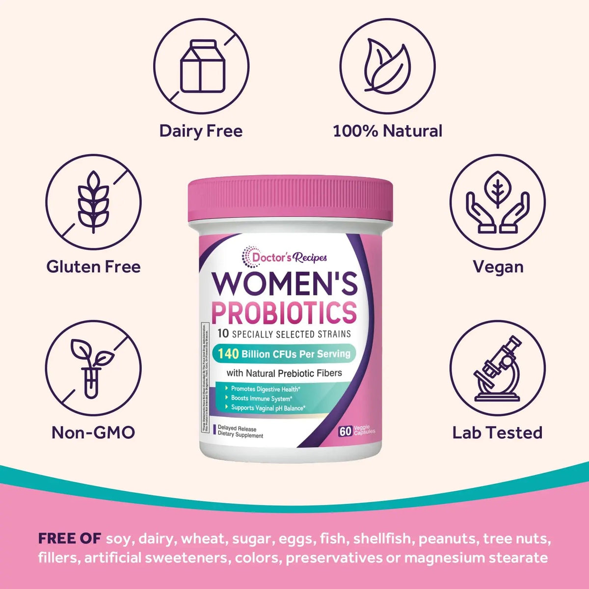 Doctor's Recipes Probiotics for Women, Organic Prebiotics and Probiotics for Digestive Health, Vaginal Health, 140 Billion CFU, 10 Strains, Shelf Stable, 60 Capsules Doctor's RecipesBuy Supplements Australia