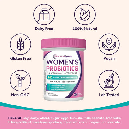 Doctor's Recipes Probiotics for Women, Organic Prebiotics and Probiotics for Digestive Health, Vaginal Health, 140 Billion CFU, 10 Strains, Shelf Stable, 60 Capsules Doctor's RecipesBuy Supplements Australia