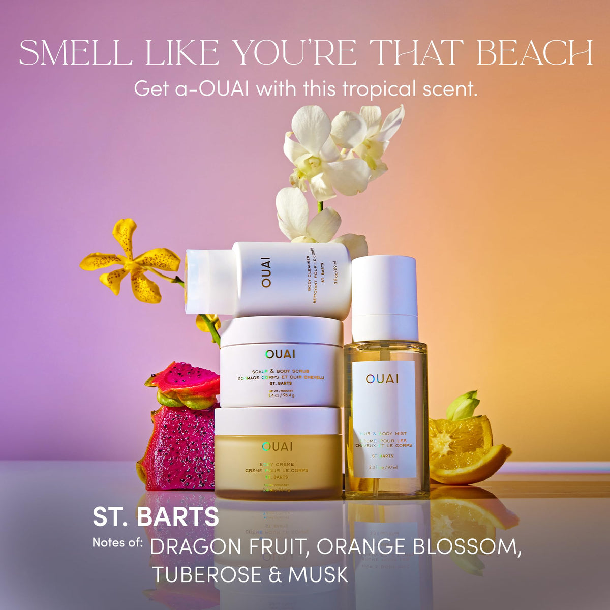 OUAI St. Barts Travel Bundle - Includes Travel Size Scalp & Body Scrub, Foaming Shower Gel, Hydrating Cream, and Hair & Body Mist (4 Count, 3.4 Oz/3.4 Oz/3 Oz/3.3 Oz) OUAIBuy Supplements Australia