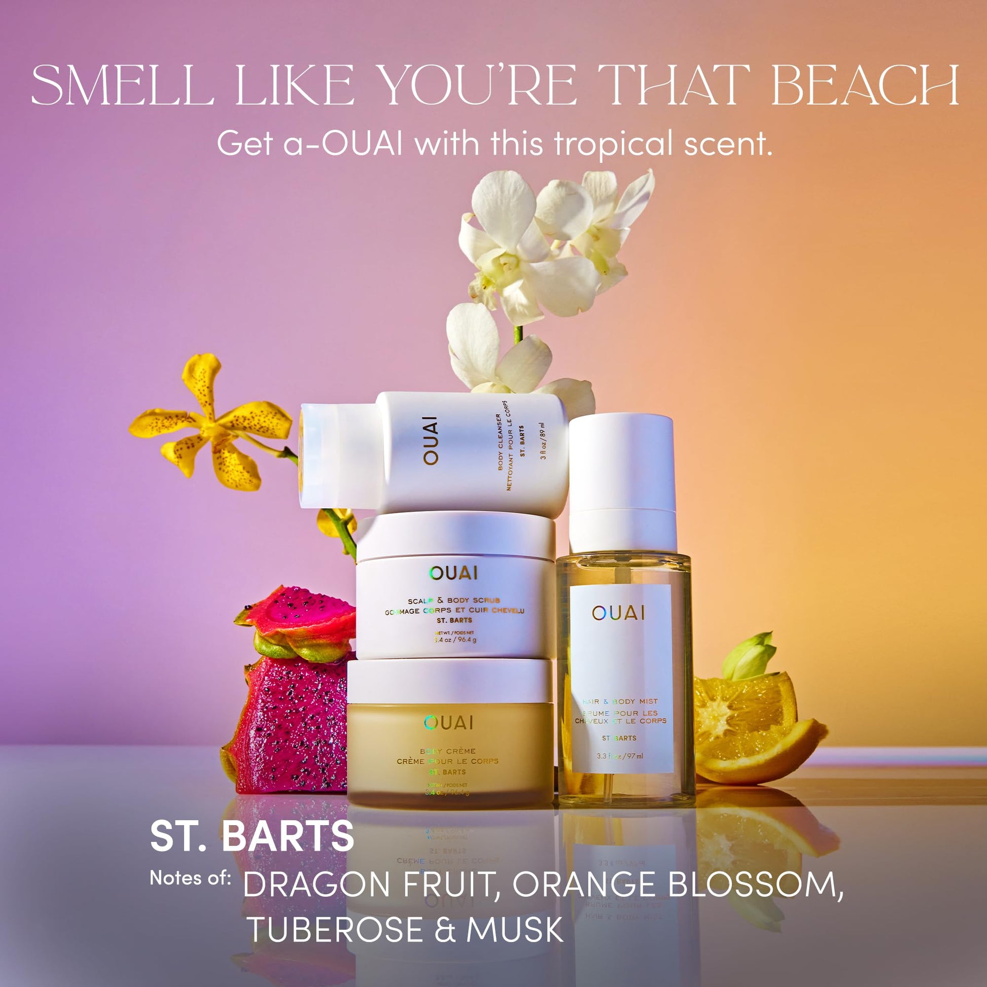 OUAI St. Barts Travel Bundle - Includes Travel Size Scalp & Body Scrub, Foaming Shower Gel, Hydrating Cream, and Hair & Body Mist (4 Count, 3.4 Oz/3.4 Oz/3 Oz/3.3 Oz) OUAIBuy Supplements Australia