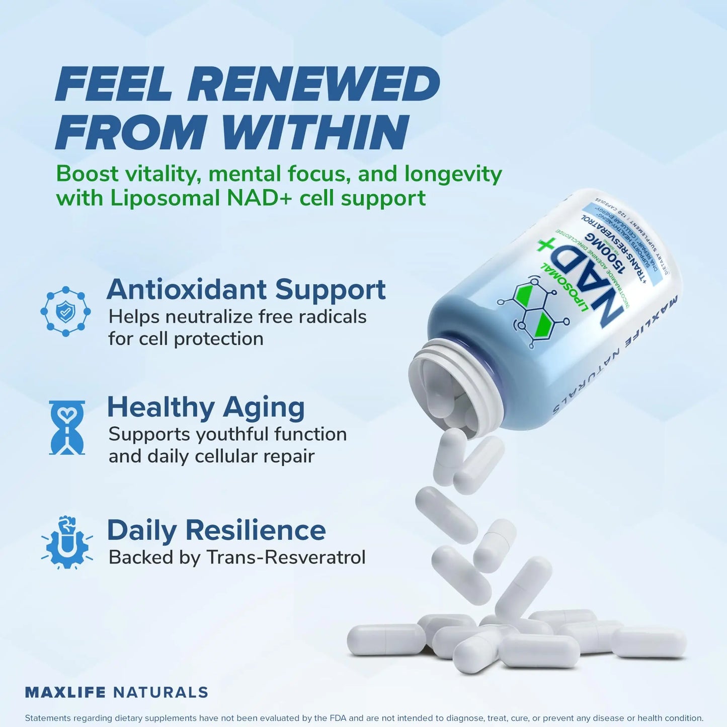 Liposomal NAD+ Trans-Resveratrol Supplement 1500mg - 120 Capsules - Liposomal NAD Supplements for Women and Men, High Purity-NAD Cell Regenerator, Cognitive & Anti Aging Supplement for Women & Men MAXLIFE NATURALSBuy Supplements Australia