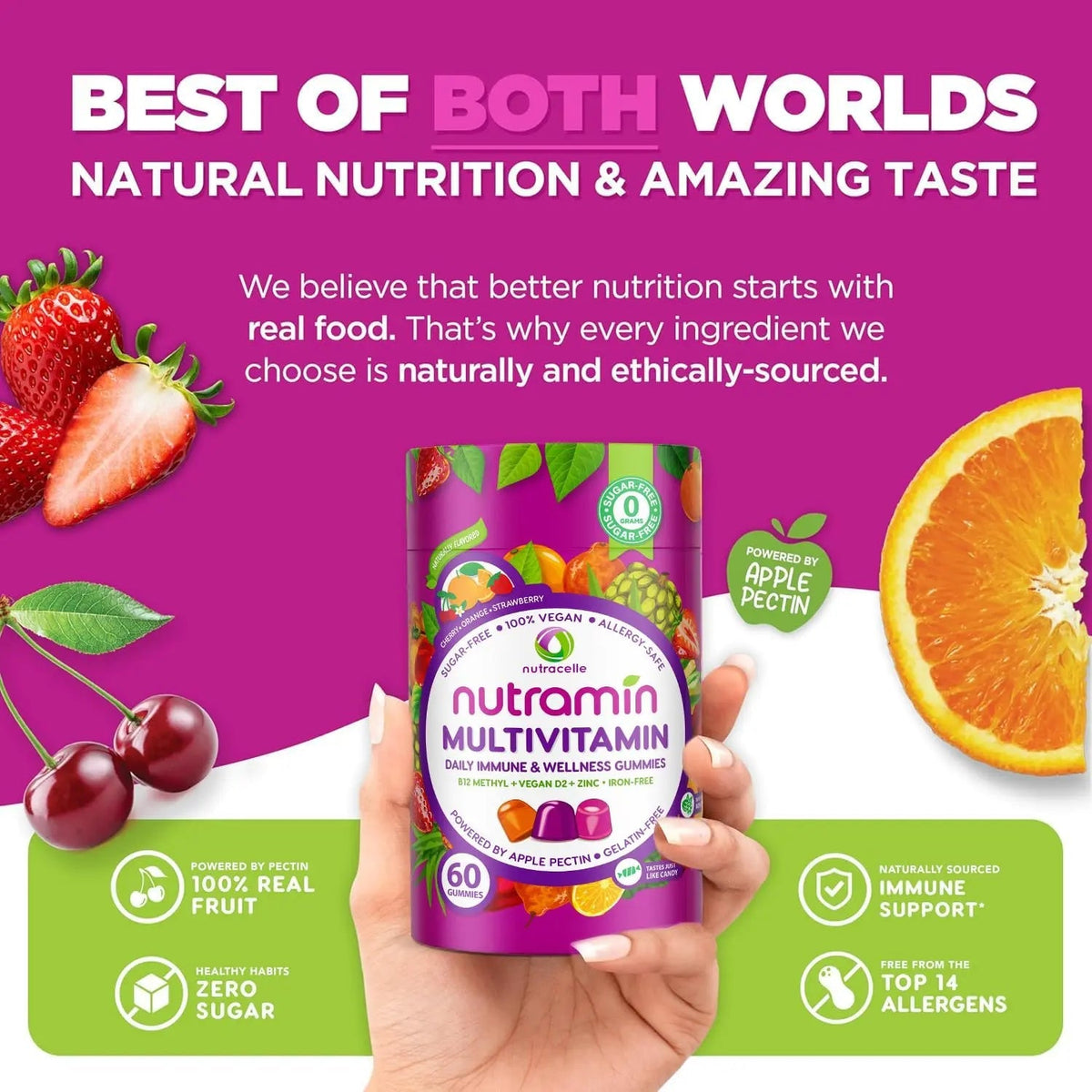 NUTRAMIN Daily Vegan Keto Multivitamin Gummies Non-GMO Natural Vitamin C D + Zinc for Immunity, Plant-Based, Sugar-Free, Nut-Free Nutracelle