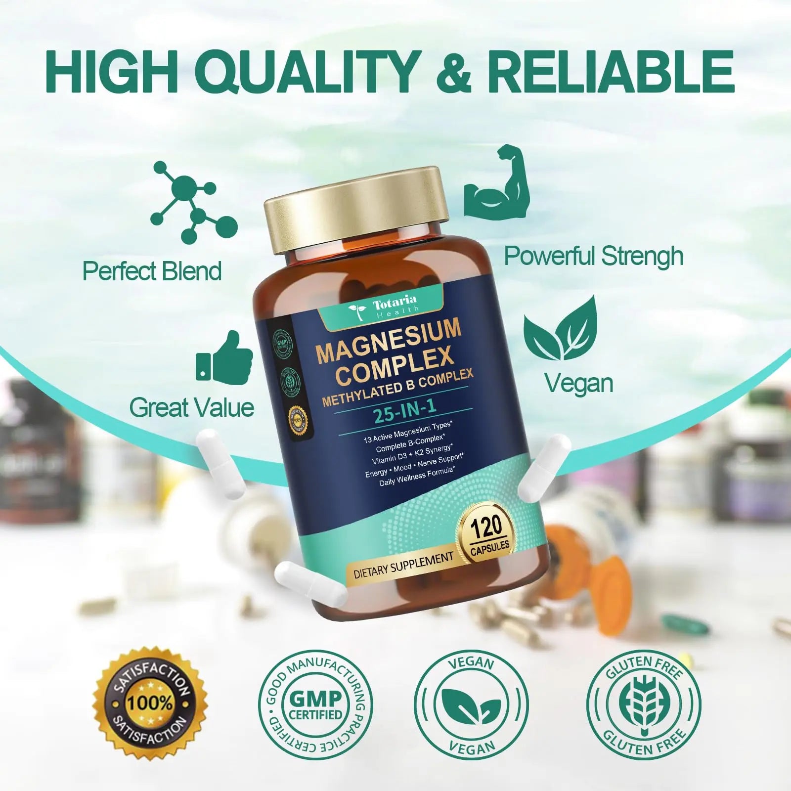 25-in-1 Magnesium Complex with Methylated B Complex Magnesium Glycinate Citrate Malate Taurate Gluconate Aspartate Carbonate D3 K2, Magnesium Supplement Totaria canada supplements