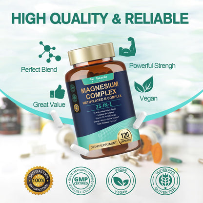 25-in-1 Magnesium Complex with Methylated B Complex Magnesium Glycinate Citrate Malate Taurate Gluconate Aspartate Carbonate D3 K2, Magnesium Supplement
