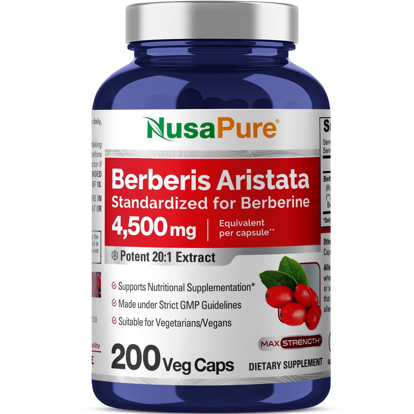 NusaPure Berberine HCI 4500 mg - 200 Veggie Caps - 6 Months Supply - (100% Vegetarian