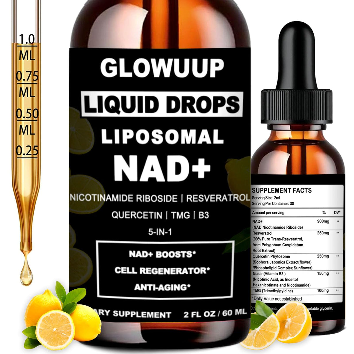 GLOWUUP LIQUID DROPS LIPOSOMAL NAD+ supplement bottle with dropper and lemon slices on a white background