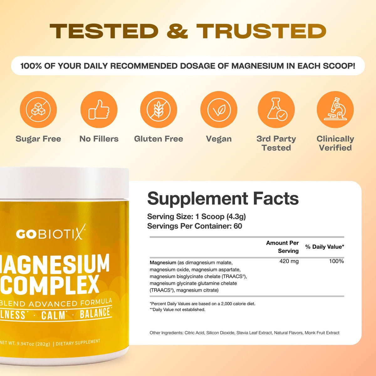 GoBiotix Magnesium Glycinate Powder – Cortisol Supplements for Women and Men – High Absorption Magnesium Complex Calm Supplement with Citrate, Malate – Sugar Free – 420 mg, 60 Servings - Honey Citrus GOBIOTIXBuy Supplements Australia