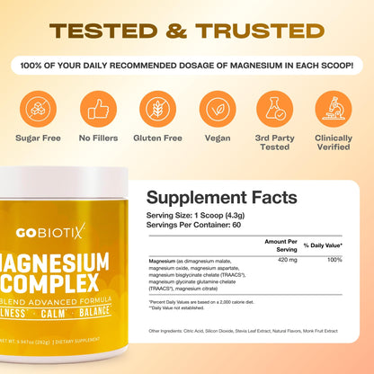 GoBiotix Magnesium Glycinate Powder – Cortisol Supplements for Women and Men – High Absorption Magnesium Complex Calm Supplement with Citrate, Malate – Sugar Free – 420 mg, 60 Servings - Honey Citrus GOBIOTIXBuy Supplements Australia