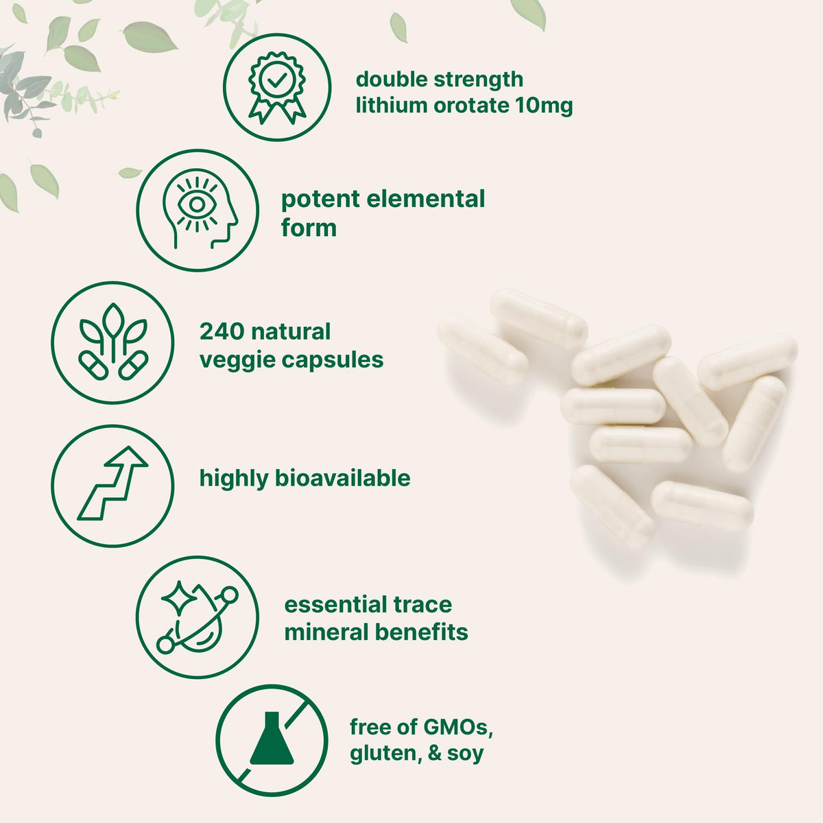 Lithium Orotate 10mg, 240 Veggie Capsules | 5mg Per Capsules | High Bioavailability Trace Mineral | Healthy Aging, Brain Supplement