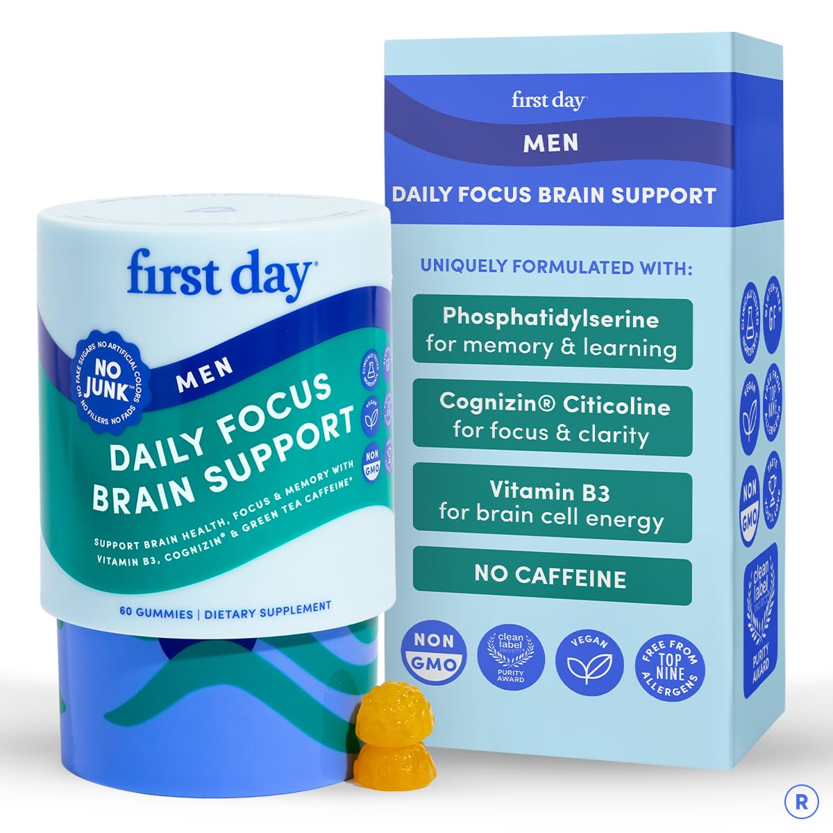 FIRST DAY Men’s Daily Nootropic Brain Supplement Gummies for Focus, Memory & Mental Energy | with Cognizin® Citicoline, Phosphatidylserine & Natural Caffeine | Vegan, Allergen-Free | 30-Day Supply FIRST DAYBuy Supplements Australia