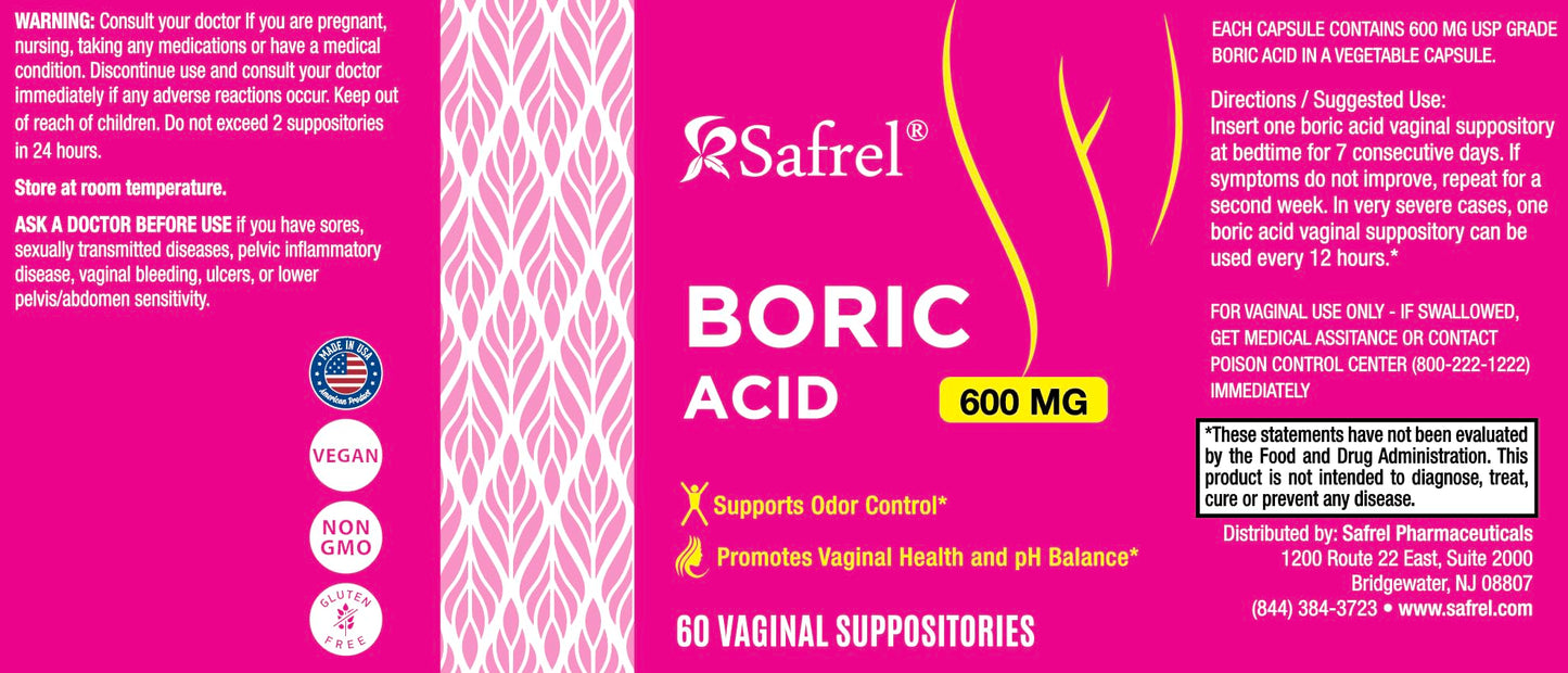 Safrel Boric Acid Vaginal Suppositories - 100% Pure Made in USA - Intimate Health Support, Vaginal Health and pH, Odor Control (60 Count) SafrelBuy Supplements Australia